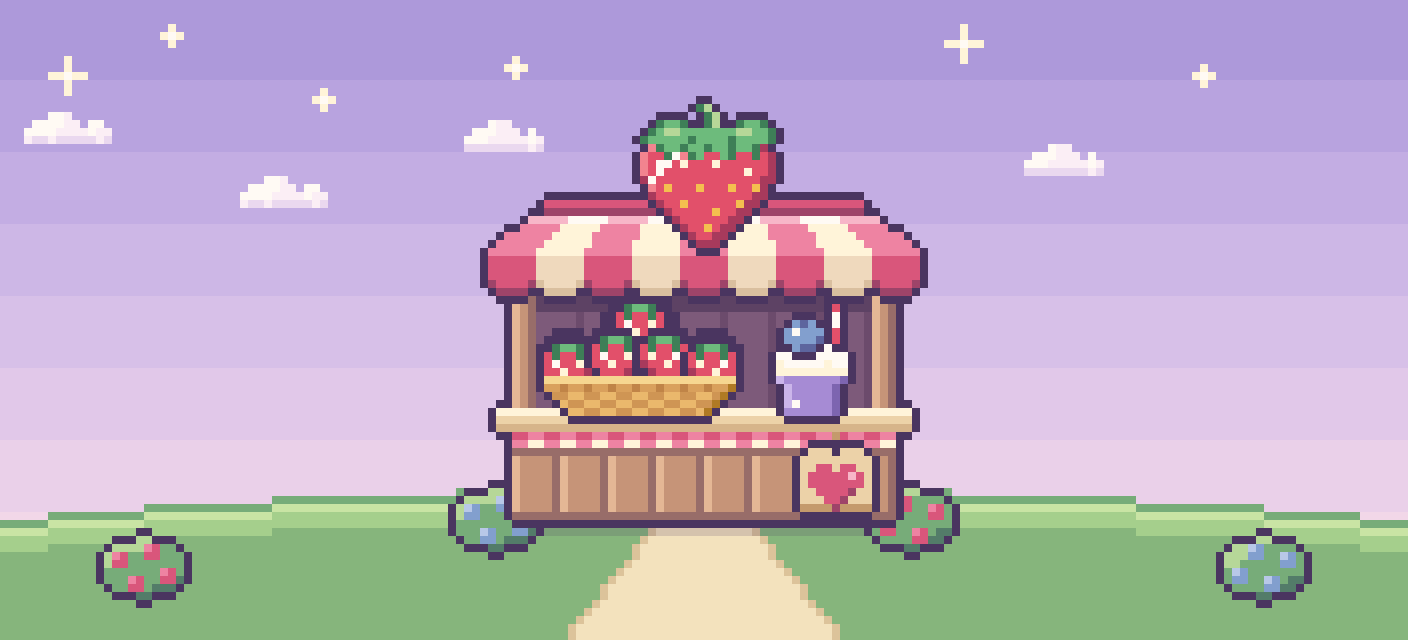 The BerryVille berry stand on a grassy hill under a lavender sky, with a big strawberry on its striped awning.