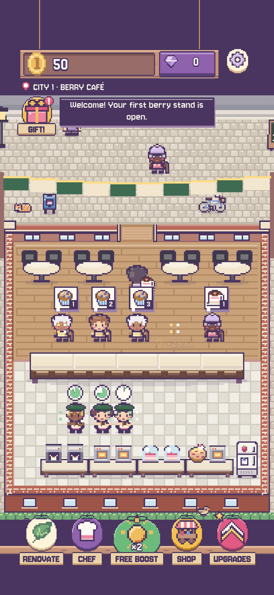 A busy berry café: guests at tables, cooks at their benches.