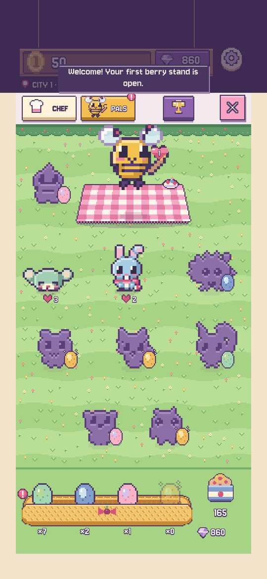 The pal meadow, with pals strolling around a picnic blanket.